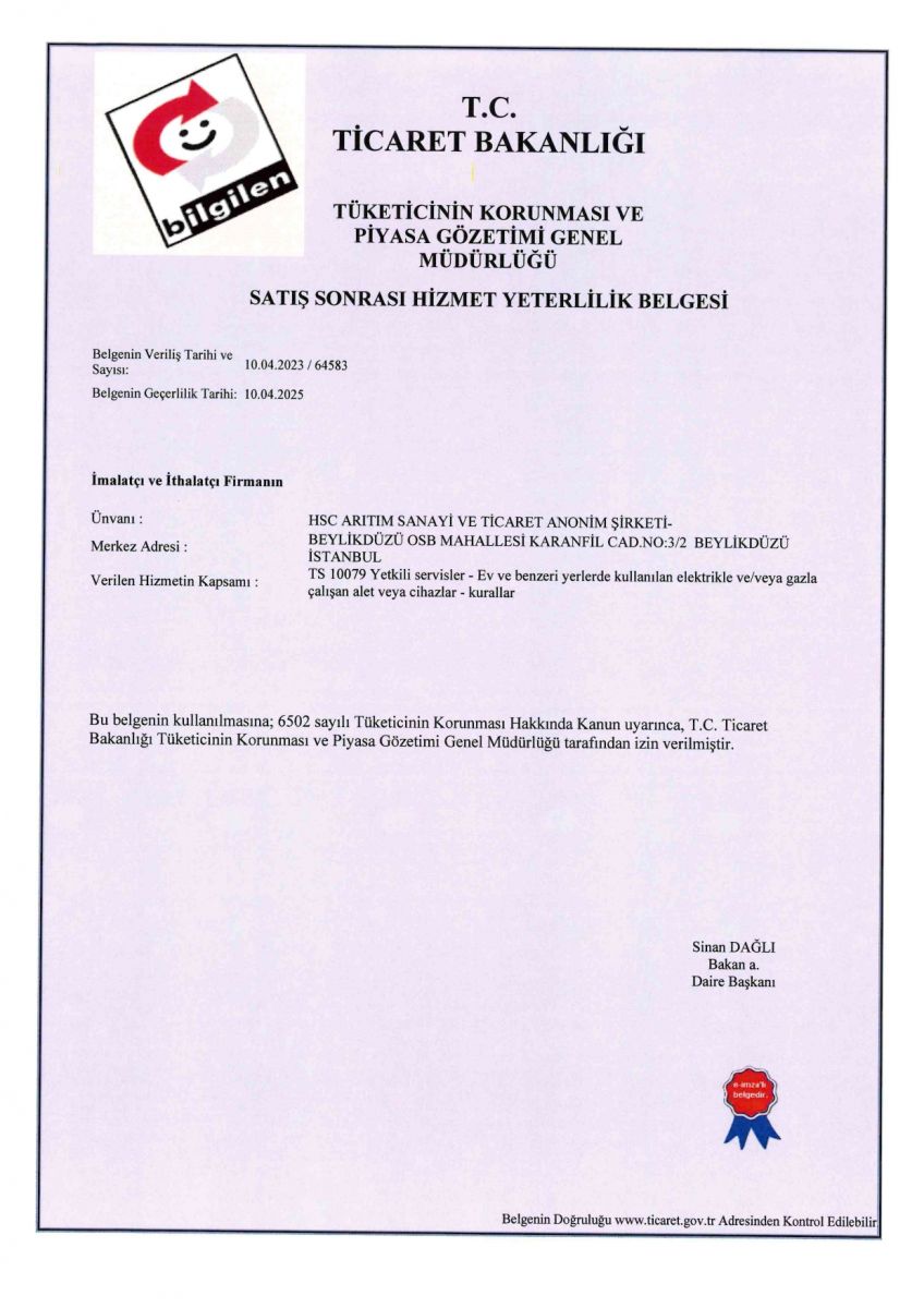 Tüketicinin Korunması ve Piyasa Gözetimi Genel Müdürlüğü Satış Sonrası Hizmet Yeterlilik Belgesi